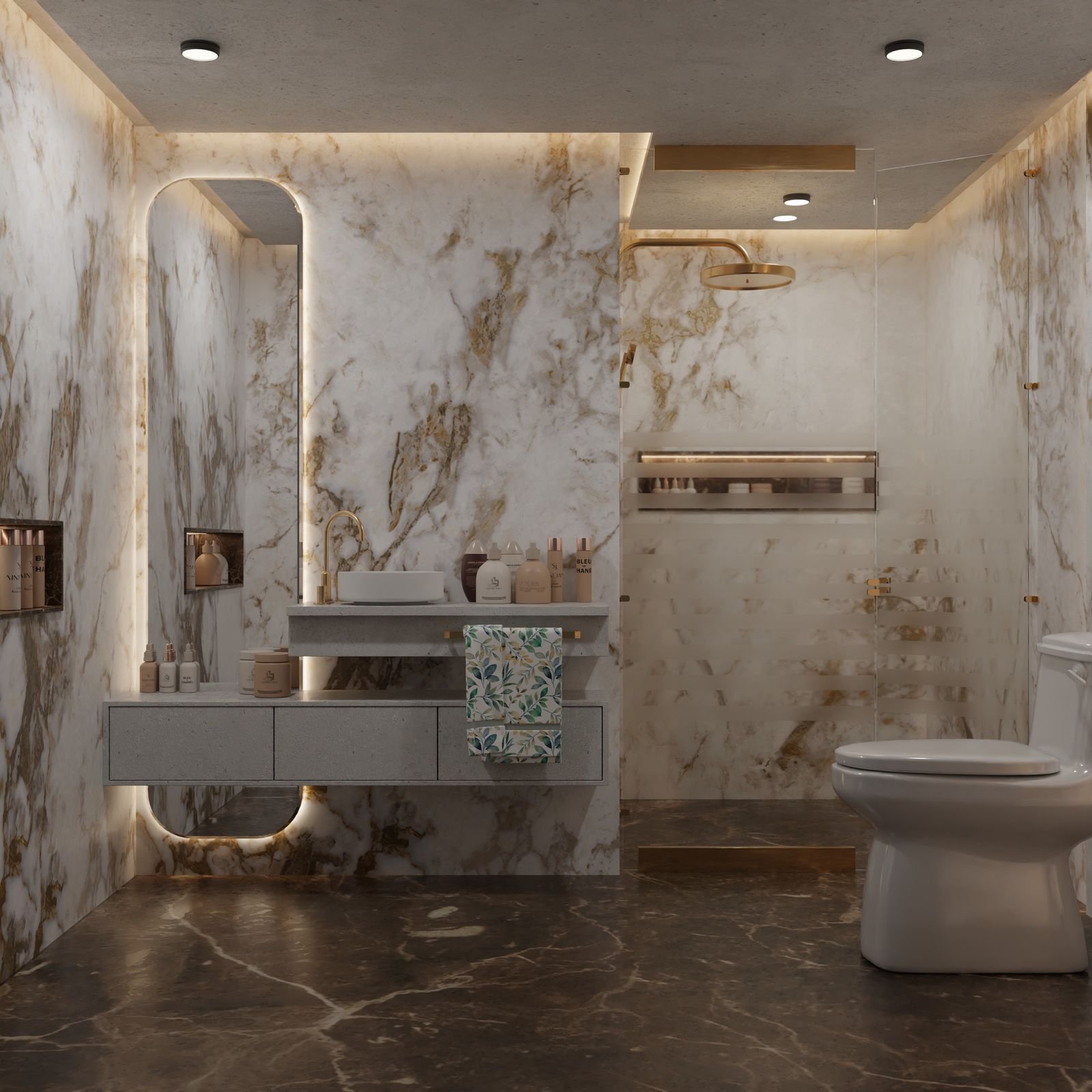 Remodeled bathroom with marble walls, freestanding tub and glass walk-in shower